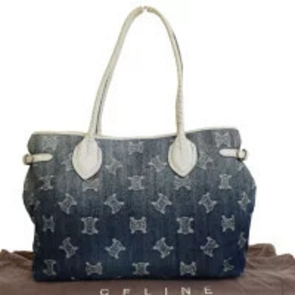 Celine Paris Macadam Tote Bag Shoulder Denim Ivory White Blue Leather